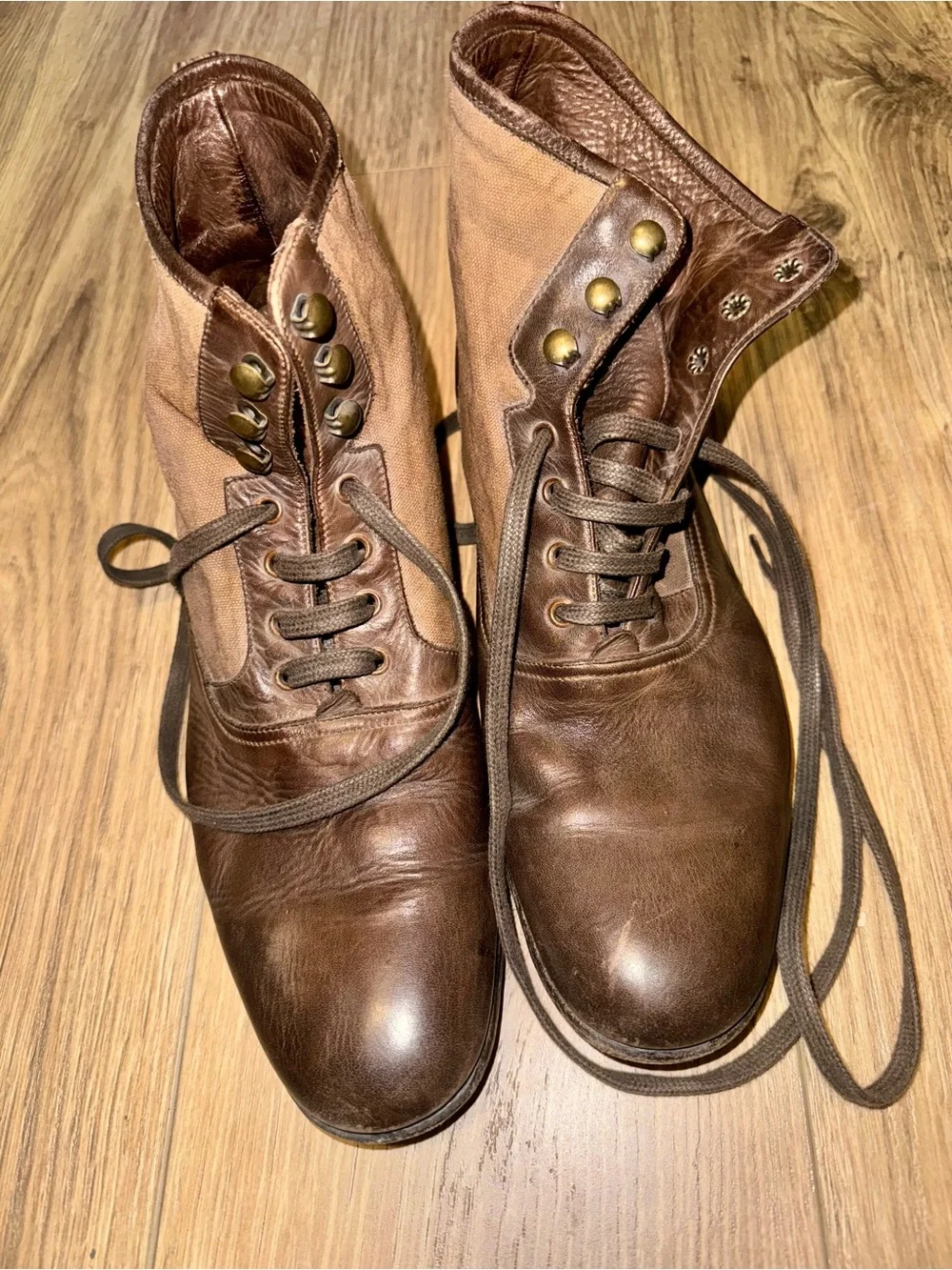 John Varvatos Brown Leather & Canvas Lace-Up Boots